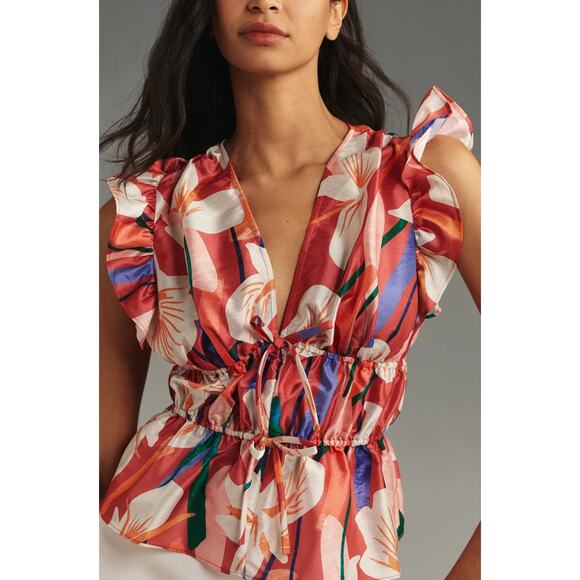 Hutch Tops - HUTCH Loni Brick Textured Orchids Ruffle Top Size Small NEW